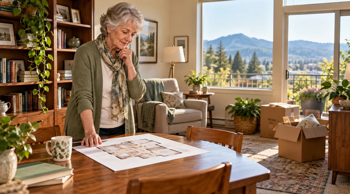 senior woman contemplating an independent living floor plan